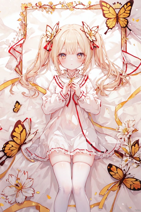 (8k, RAW photo, best quality, masterpiece:1.2),(th-hd),1girl,solo,flower,hair ornament, twintails, on back,
white thighhighs, loli, hoshi (snacherubi),butterfly,yellow theme