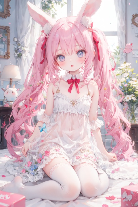  1girl, loli, hair ribbon, long hair, staright hair, dynamic angle,
lolita dress, white dress, twintails, rabbit ears, pink hair, frills, white thighhighs, see-through,
colorful, no shoes, valentine, ribbon, flat color, bubble, 
room, window, flower, depth of field, medium breasts,
masterpiece, best quality, detailed, butterfly,