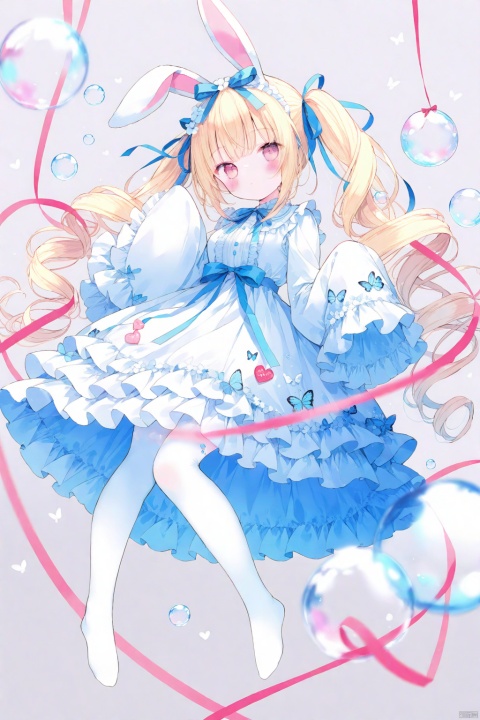 1girl, loli, hair ribbon, long hair, staright hair, wallpaper, full body,
lolita dress, light blue and white dress, twintails, rabbit ears, blonde hair, frills, white pantyhose,
colorful, no shoes, valentine, ribbon, flat color, bubble, Artist onineko,
white thighhighs, , blush, long sleeves, wide sleeves, sleeves past fingers,
onnk, [butterfly:0.8],
masterpiece, best quality, blurry background, (grey background, simple background, ), depth of field, medium breasts,
framed, flower, tinkle
