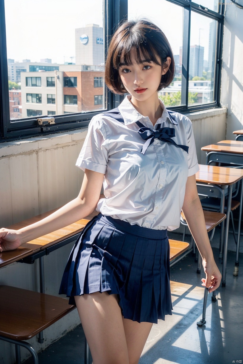  1girl,Perfect body,leg_spread,short hair,(school uniform:1.1),