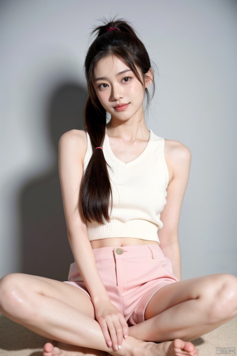  1girl,ponytail hair, spread_legs, looking_at_viewer
,plain smile, Asian girl,xka, linghua, Magazine,A photo of