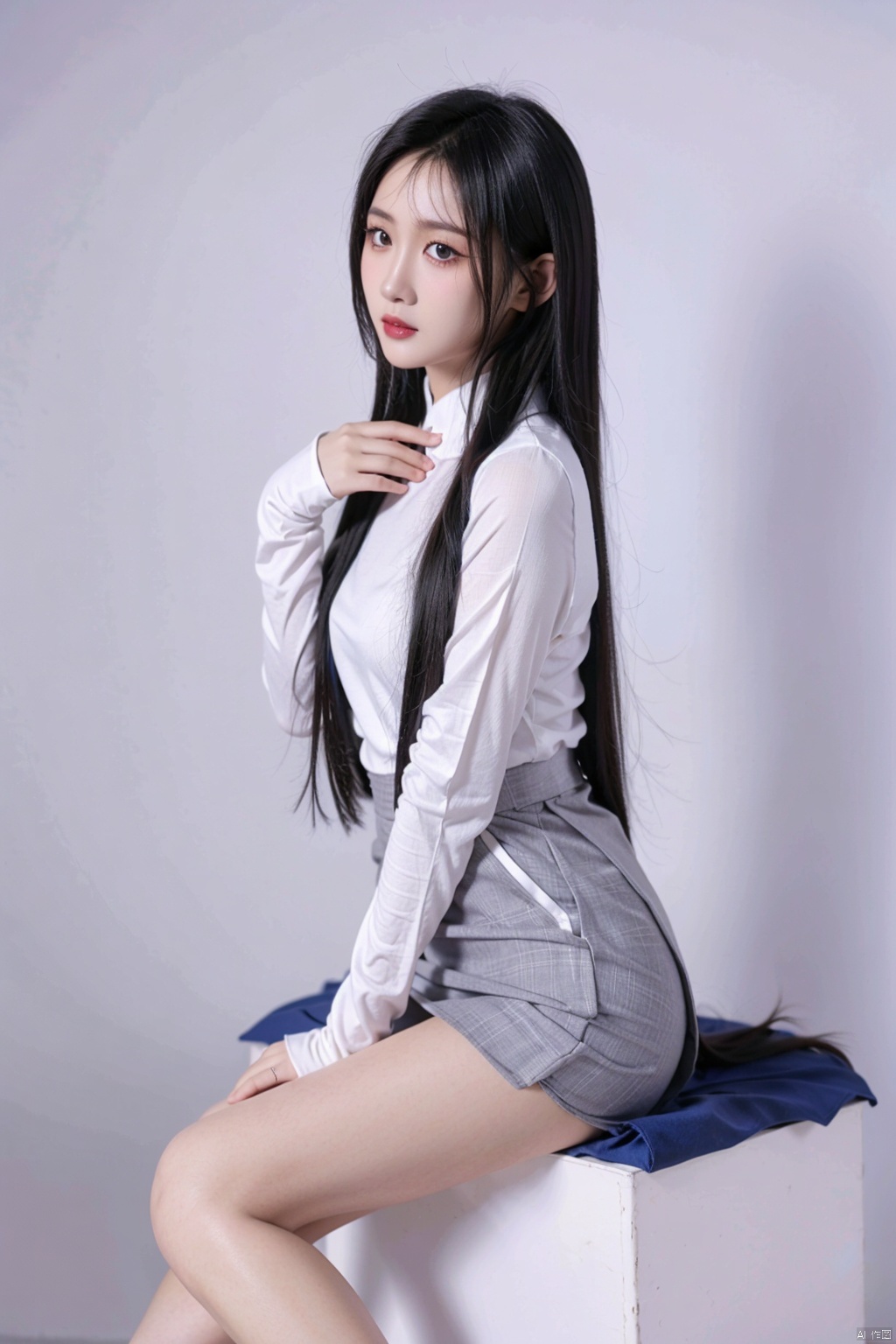 chinese_clothes, skirt, pures Grey Background, Magzine style, chinese_text,school_woman,MIX4