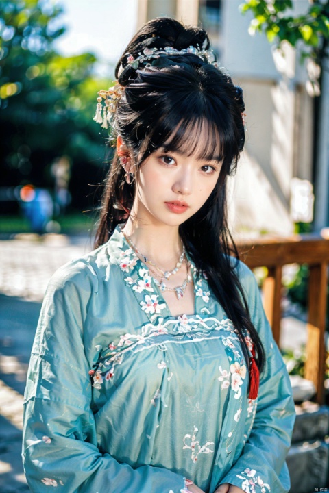 1girl, solo, long hair, looking at viewer, black hair, hair ornament, long sleeves, dress, jewelry, closed mouth, upper body, earrings, necklace, blurry, blurry background, chinese clothes, realistic