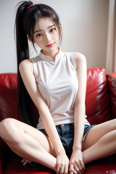  1girl,ponytail hair, spread_legs, looking_at_viewer
,plain smile, Asian girl,xka, linghua, Magazine,A photo of