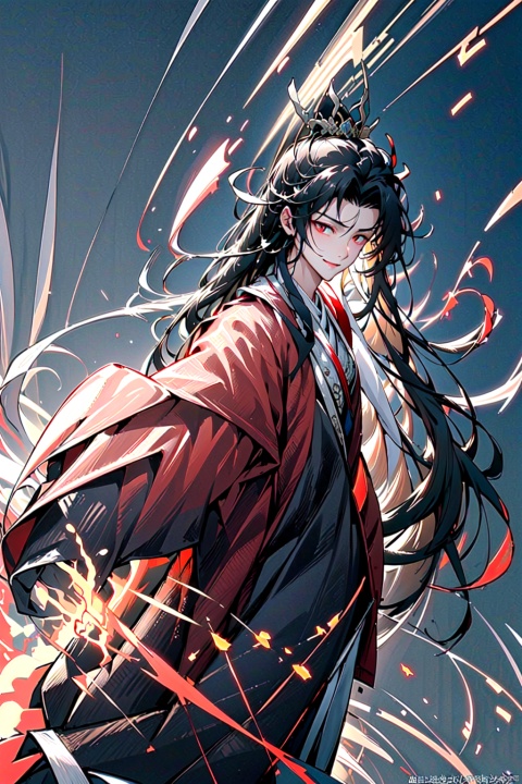 masterpiece,bestquality,8kwallpaper,1 man,long hair,black hair,glowing eyes,bright skin,learned and refined,smile,(offer his hand),red coat,Chinese ancient costume,red lantern,firework, full-body_portrait, full body,Daofa Rune, Chinese style