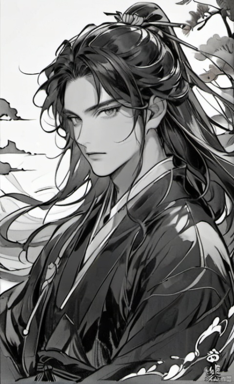  solo, long hair, looking at viewer, black hair, 1boy, monochrome, upper body, greyscale, male focus, japanese clothes, kimono, sash, wind, hanfu,A man with a hesitant expression, ancient style, Chinese style, ink style, beautiful artistic conception, black robe, ananmo, Diwang