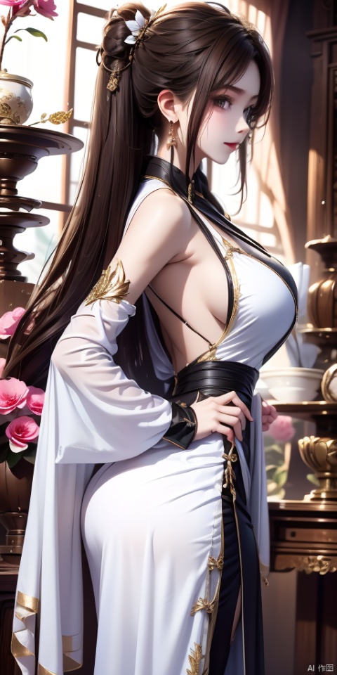 1girl, solo, long hair, breasts, looking at viewer, bangs, brown hair, black hair, hair ornament, long sleeves, dress, holding, bare shoulders, jewelry, closed mouth, ponytail, flower, earrings, detached sleeves, hair flower, white dress, from side, facial mark, chinese clothes, tassel, branch, ROBOT, Angel, hair,硅胶娃娃, qrxhd, TT, pf-hd, Aranea