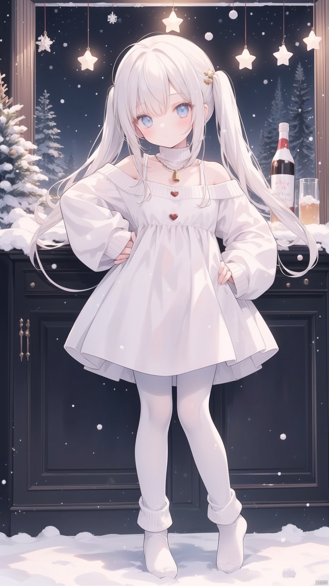  hoshi (snacherubi), best quality,Christmas, twintails,Day,1girl,muffler,long hair, sweater,drinking,new year, off shoulder,bottle, long sleeves,milk,solo, ahoge, hand on hip,standing,new year, bangs, off-shoulder sweater, dress, no shoes, full body, blush, puffy long sleeves,sweater dress, puffy sleeves,Snow,snowing,outside, Pine, box, christmas tree, merry christmas, christmas lights, looking at viewer,ornament,heart-shaped box,(((white pantyhose,White Christmas socks:1.25))), 
