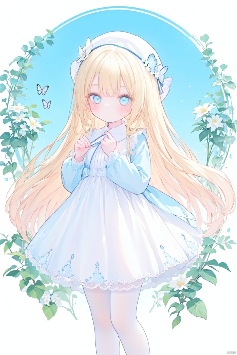  loli,long hair,1girl,  blonde_hair, blue_eyes,  flower, full_body, hair_ornament, lily_\(flower\), long_hair, long_sleeves, looking_at_viewer, mini_hat,   solo, white pantyhose, depth of field, butterfly, fantasy white dress,butterfly, from side ,looking back, head tilt