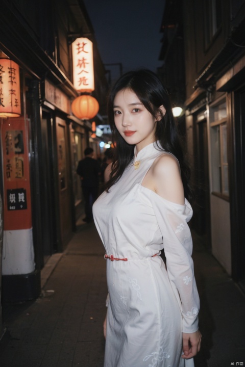 best quality, masterpiece, ultra high res,1girl, gigantic_breasts, looking at viewer,(see-through dress),bare shoulders,dress,qi pao,ancient Chinese street ,Chinese dress,, yosshi film, standing, one girls, chinese_clothes, Chinese costume, street, smiling, night, ganyu (genshin impact), 1girl,moyou