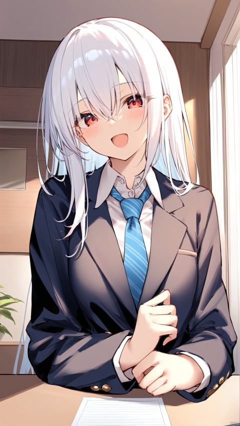 ((artist儒宅)) , 1girl,white hair,red eyes,looking_down, ,1girl, breasts, mimikaki, solo, large_breasts, hair_ribbon, ribbon, necktie, looking_at_viewer, long_hair, smile, school_uniform, bangs, open_mouth, blush, black_ribbon, shirt, jacket, long_sleeves, , blue_necktie, indoors, upper_body, white_shirt, hair_between_eyes, collared_shirt, :d, striped,,best quality, amazing quality, very aesthetic