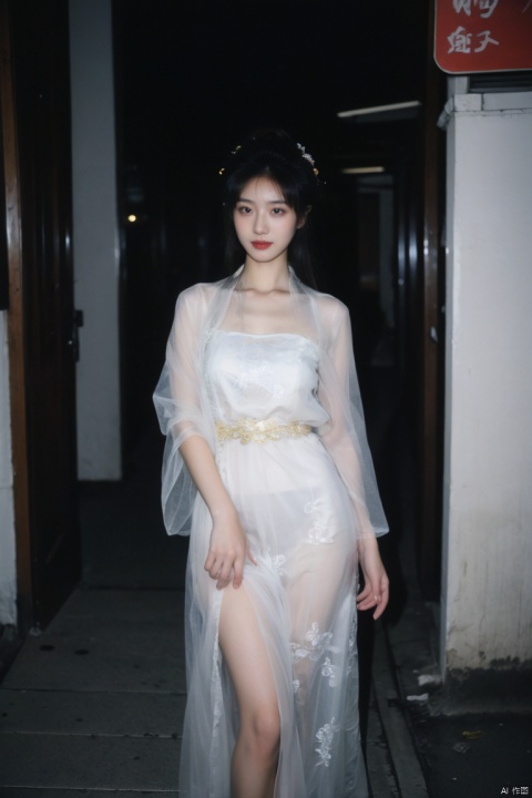  best quality, masterpiece, ultra high res,1girl, gigantic_breasts, looking at viewer,(see-through dress),bare shoulders,dress,qi pao,ancient Chinese street ,Chinese dress,, yosshi film, standing, one girls, chinese_clothes, Chinese costume, street, smiling, night, ganyu (genshin impact), 1girl,moyou