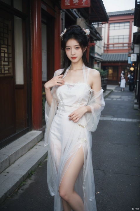  best quality, masterpiece, ultra high res,1girl, gigantic_breasts, looking at viewer,(see-through dress),bare shoulders,dress,qi pao,ancient Chinese street ,Chinese dress,, yosshi film, standing, one girls, chinese_clothes, Chinese costume, street, smiling, holding_wood_box , ganyu (genshin impact), 1girl
