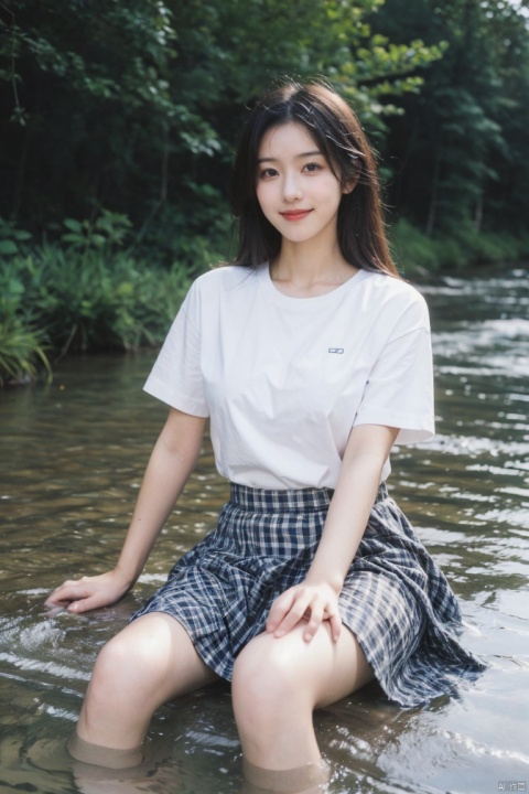  best quality, masterpiece, ultra high res,1girl, big breast,, looking at viewer,pure color background
1girl, solo, long hair, smile, skirt, brown hair, shirt, white shirt, short sleeves, outdoors, barefoot, water, plaid, plaid skirt, splashing, photo background,moyou