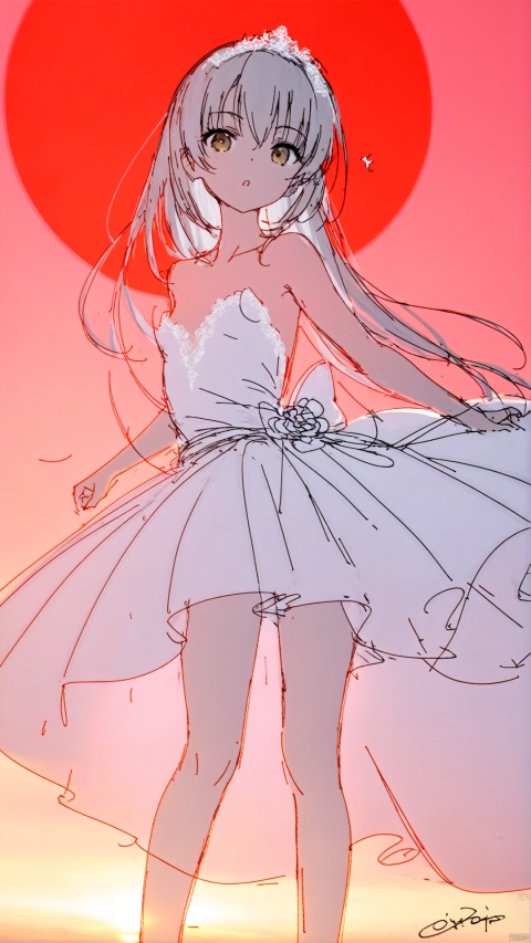  masterpiece, best quality,1 girl,grey hair,long hair,gold eyes,small breasts,wedding dress,bare_shoulders,bare legs,turn around,close to viewers,dusk,sunset glow,standing on the headland,extremely beautiful red sun,some seabirds flying in the beautiful sky,[a few thin clouds in the sky],[Tyndall Effect],cowboy shot, best quality, amazing quality, very aesthetic, absurdres
Negative prompt: nsfw, lowres, {bad}, error, fewer, extra, missing, worst quality, jpeg artifacts, bad quality, watermark, unfinished, displeasing, chromatic aberration, signature, extra digits, artistic error, username, scan, [abstract], nsfw, lowres, {bad}, error, fewer, extra, missing, worst quality, jpeg artifacts, bad quality, watermark, unfinished, displeasing, chromatic aberration, signature, extra digits, artistic error, username, scan, [abstract]
