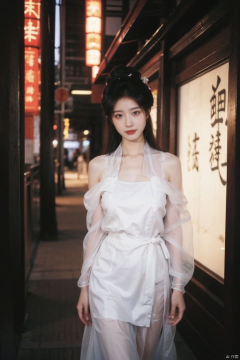  best quality, masterpiece, ultra high res,1girl, gigantic_breasts, looking at viewer,(see-through dress),bare shoulders,dress,qi pao,ancient Chinese street ,Chinese dress,, yosshi film, standing, one girls, chinese_clothes, Chinese costume, street, smiling, night, ganyu (genshin impact), 1girl