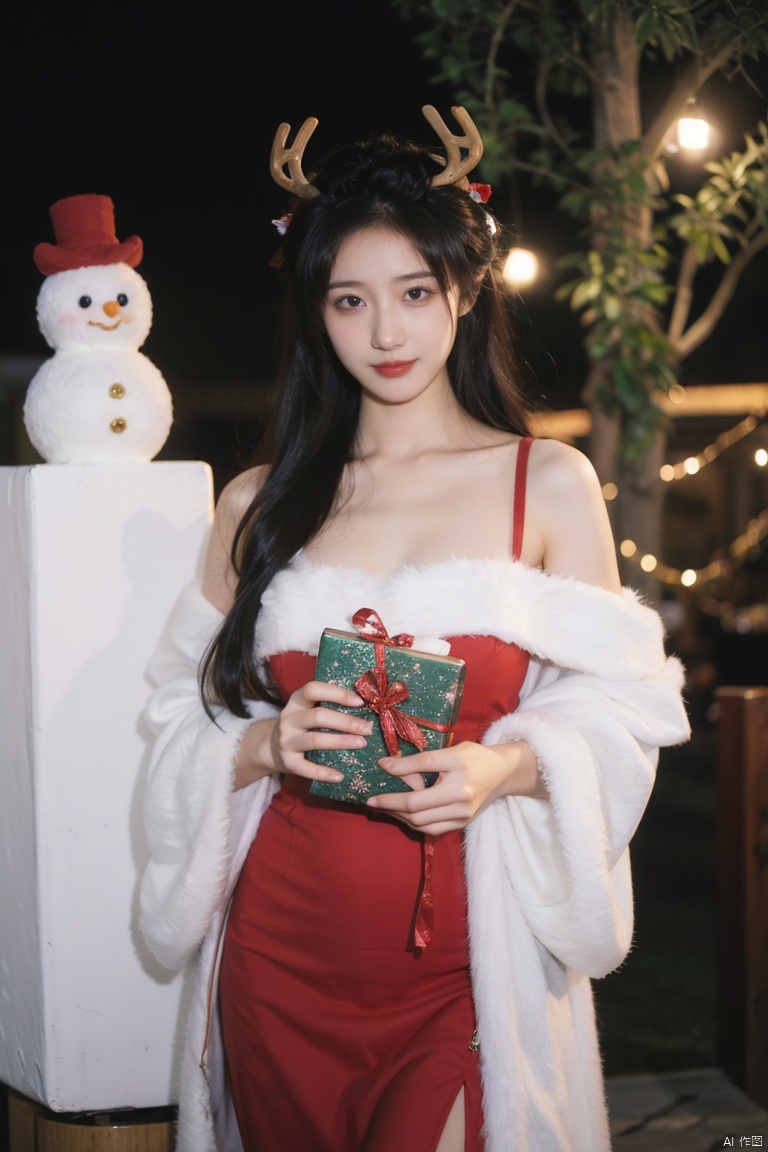  best quality, masterpiece, ultra high res,1girl, gigantic_breasts, looking at viewer,,red dress,bare shoulders,dress,fingerless gloves,fur trim,fur-trimmed dress,, yosshi film, standing, one girls, reindeer, Christmas tree, gift box, Christmas costume, snowman, smiling, holding gift in both hands, ganyu (genshin impact), 1girl
