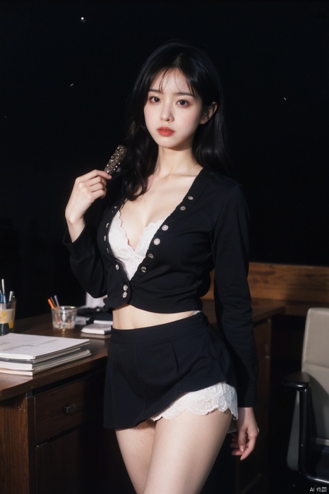  1gril,(yosshi film:1.2),simple_background,lace-trimmed_skirt,shirt, cleavage_cutout,upskirt,(night office:1.3),snowflake, film1, 1girl