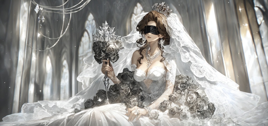 (score_9,score_8_up,score_7_up,score_6_up,score_5_up,score_4_up） Female, solo, kisakiri, one-eyed blindfold, brown hair, coiffure, breasts, black lace wedding dress, jewellery, large crystal necklace, large glazed earrings, silver crown, (standing) (sitting) (leaning forward),