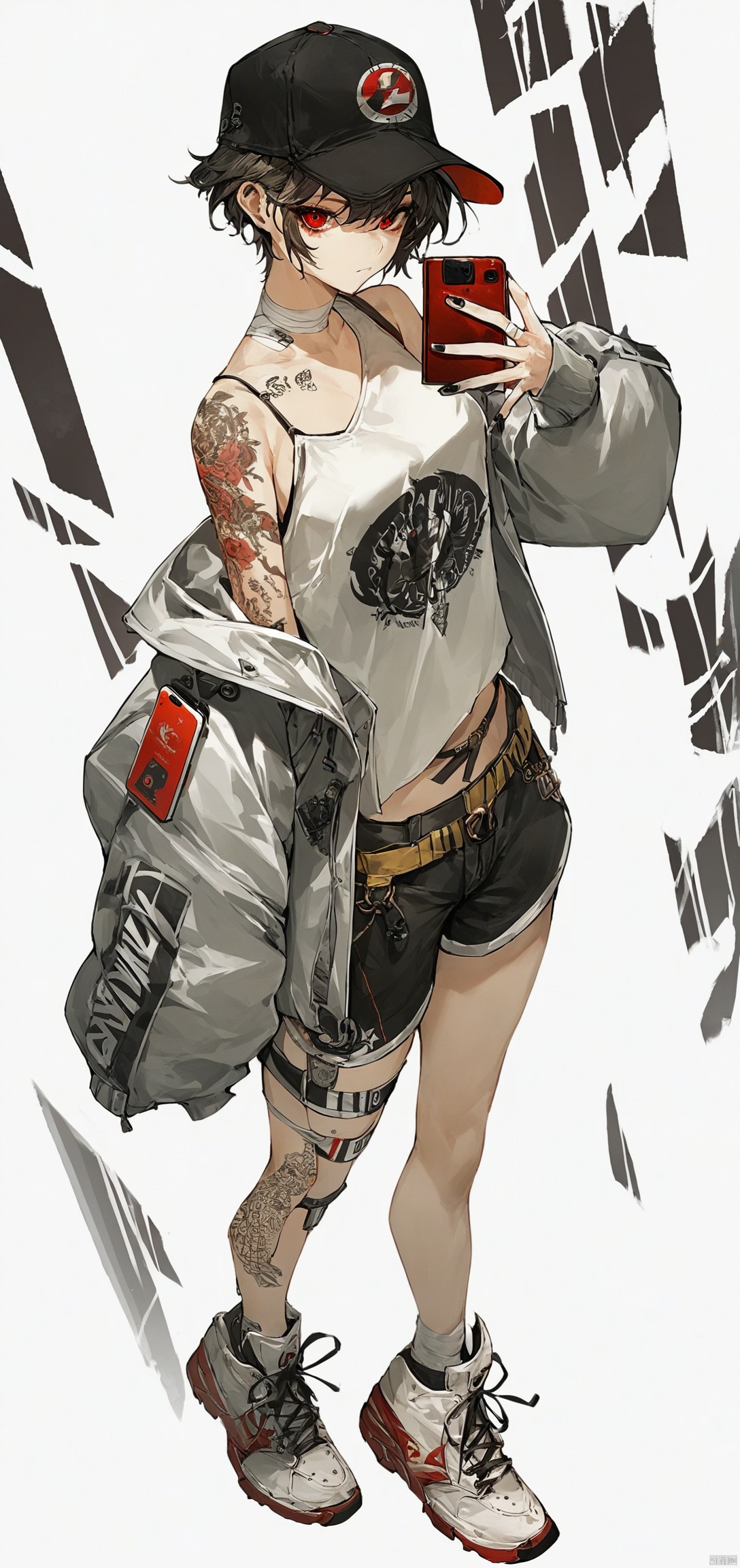 (score_9,score_8_up,score_7_up,score_6_up,score_5_up,score_4_up） 
1girl,solo,breasts,looking at viewer,short hair,simple background,red eyes,hat,white background,bare shoulders,standing,jacket,full body,upper body bandage,shoes,shorts,off shoulder,black headwear,tattoo,phone,white footwear,cellphone,sneakers,baseball cap,arm tattoo,wallpaper,