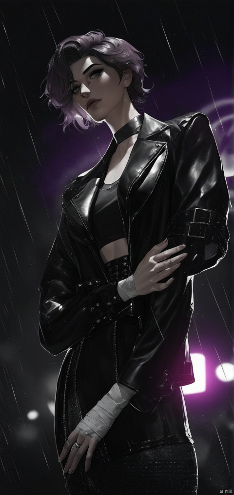 (score_9,score_8_up,score_7_up,score_6_up,score_5_up,score_4_up） 
1 Girl, Centred figure, Half-length photograph, Elevated shot, Starry background, Strong shadows, Lens flare, Black leather jacket, Glamour, Mature, Facial scars, Cloudy day, Brunette, Short hair, Bandaged arm, No bangs, Black leather skirt, Violet effect, Depth of field, Stylish pose, Blurring, Cinematographic lighting, Volumetric lighting, Monocle, Strong shadows, Rainy scene
