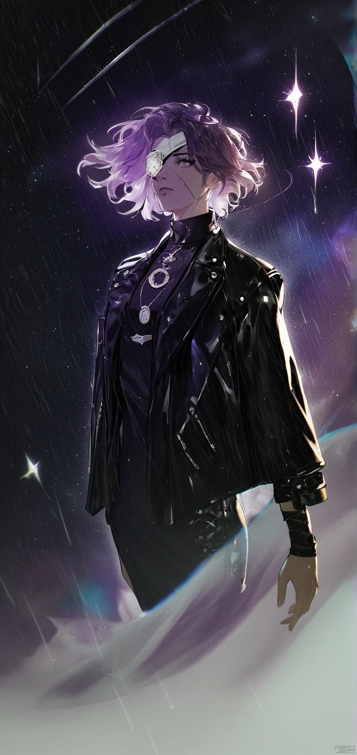 (score_9,score_8_up,score_7_up,score_6_up,score_5_up,score_4_up） 
1girl, character centred, starry background, strong shadows, lens glow, black leather jacket, glamour, mature, facial scars, cloudy, brunette, short hair, bandaged arms, no bangs, black leather dress, purple light effect, lens depth of field, stylish pose, blurring, cinematic lighting, volumetric lighting, monocular eyepatch, strong shadows, rain