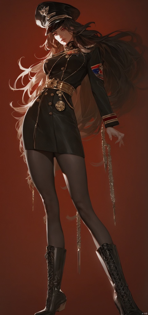 (score_9,score_8_up,score_7_up,score_6_up,score_5_up,score_4_up） 
mature,glamor,black long hair,red background,backlight,Black long hair,senior sister,red colored pupils,blue colored pupils,black military uniform,black military hat,black military boots,military uniform with gold decoration,medals,facial lighting,military dress,model,model fashion pose,