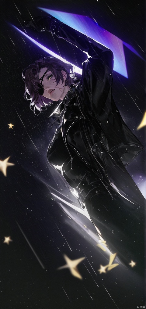 (score_9,score_8_up,score_7_up,score_6_up,score_5_up,score_4_up） 
1girl, character centred, starry background, strong shadows, lens glow, black leather jacket, glamour, mature, facial scars, cloudy, brunette, short hair, bandaged arms, no bangs, black leather dress, purple light effect, lens depth of field, stylish pose, blurring, cinematic lighting, volumetric lighting, monocular eyepatch, strong shadows, rain