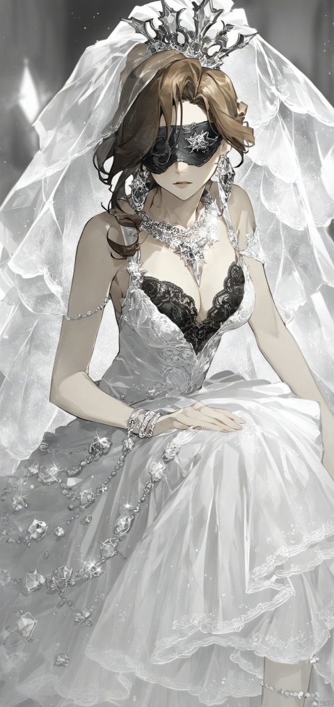 (score_9,score_8_up,score_7_up,score_6_up,score_5_up,score_4_up） Female, solo, kisakiri, one-eyed blindfold, brown hair, coiffure, breasts, black lace wedding dress, jewellery, large crystal necklace, large glazed earrings, silver crown, (standing) (sitting) (leaning forward),