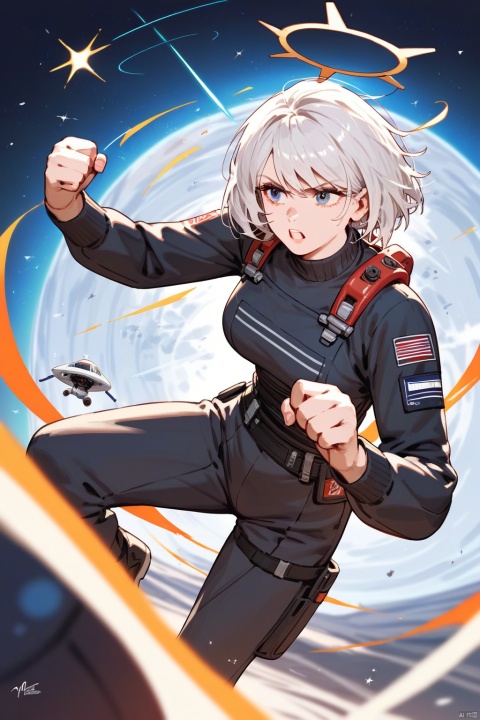  positive:(score_9,score_8_up,score_7_up,score_6_up,score_5_up,score_4_up）
day,white_background,fighting_stance,agent,glamor,white hair,halo,byzantine_fashion,1girl,mature,short hair,space_suit, monkren