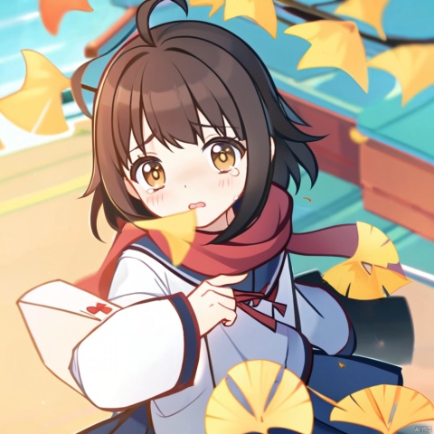  masterpiece,best quality,loli,1girl, solo, school uniform, skirt, scarf, lying, serafuku, on back, long sleeves, autumn, blue skirt, looking at viewer, sailor collar, bow, brown eyes, long hair, tears, autumn leaves, bangs, blue sailor collar, shirt, parted lips, pleated skirt, white shirt, envelope, ahoge, blurry, red scarf, black hair, crying, leaf, letter, crying with eyes open, yellow bow, outdoors, brown hair, bowtie, ginkgo leaf, from above, tearing up, blush, kbxll