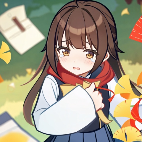  masterpiece,best quality,loli,1girl, solo, school uniform, skirt, scarf, lying, serafuku, on back, long sleeves, autumn, blue skirt, looking at viewer, sailor collar, bow, brown eyes, long hair, tears, autumn leaves, bangs, blue sailor collar, shirt, parted lips, pleated skirt, white shirt, envelope, ahoge, blurry, red scarf, black hair, crying, leaf, letter, crying with eyes open, yellow bow, outdoors, brown hair, bowtie, ginkgo leaf, from above, tearing up, blush, kbxll
