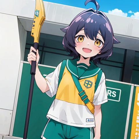  masterpiece, best quality,1girl,魔法枫糖, solo, looking at viewer, short hair, open mouth, bangs, holding, standing, yellow eyes, white shirt, ahoge, short sleeves, :d, blue sports shorts, yellow sports vest,