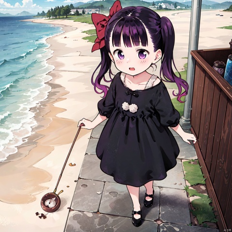 masterpiece, best quality, 1girl, loli,Cocoa,solo, long hair, black hair,bow, twintails, purple eyes, purple hair, hair bow, full body, By the sea, Fishing,