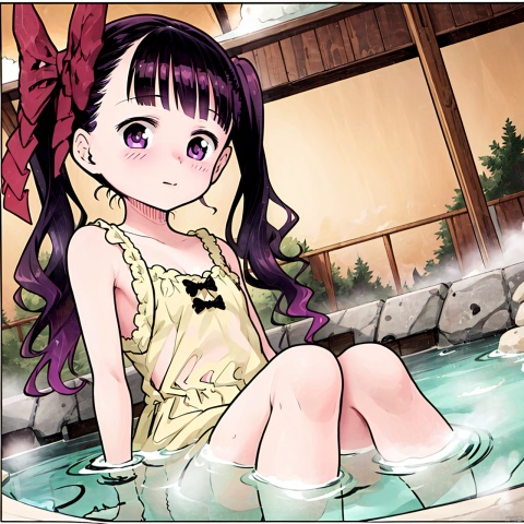  masterpiece, best quality, 1girl, loli,Cocoa,solo, long hair, black hair,bow, twintails, purple eyes, purple hair, hair bow, Hot springs,