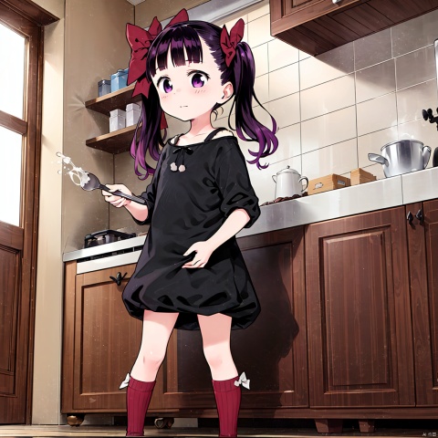  masterpiece, best quality, 1girl, loli,Cocoa,solo, long hair, black hair,bow, twintails, purple eyes, purple hair, hair bow, full body,cook,