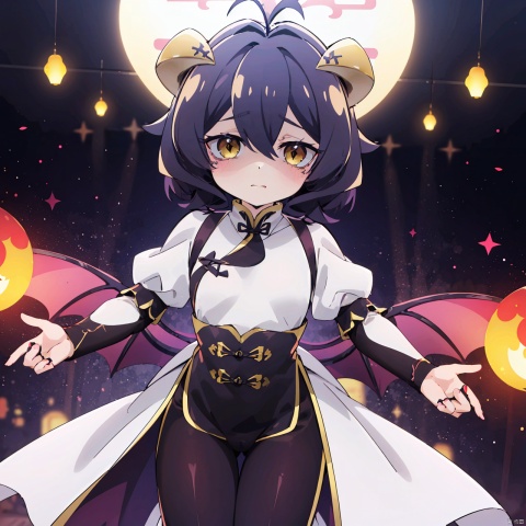 masterpiece, bestquality, 1girl, 魔法枫糖, solo, looking at viewer, short hair, bangs, black hair, hair between eyes, yellow eyes, purple hair, ahoge, wings, horns, puffy sleeves, pants, demon girl, antenna hair, demon horns, demon wings, (qipao:1.3),