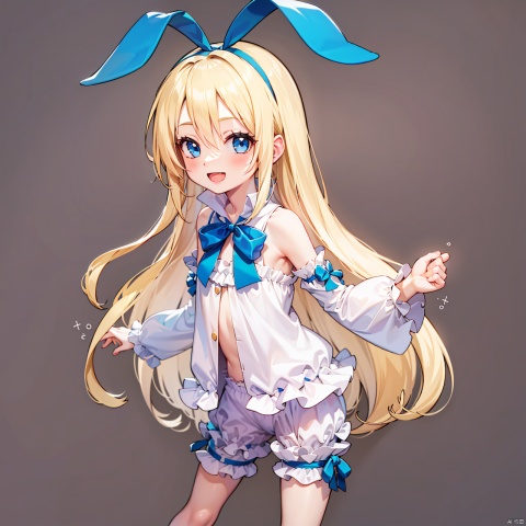  masterpiece, bestquality, Flonne, 1girl, solo, long hair, looking at viewer, smile, open mouth, blue eyes, blonde hair, simple background, bow, ribbon, underwear, hair ribbon, detached sleeves, wings, bloomers, white bloomers,