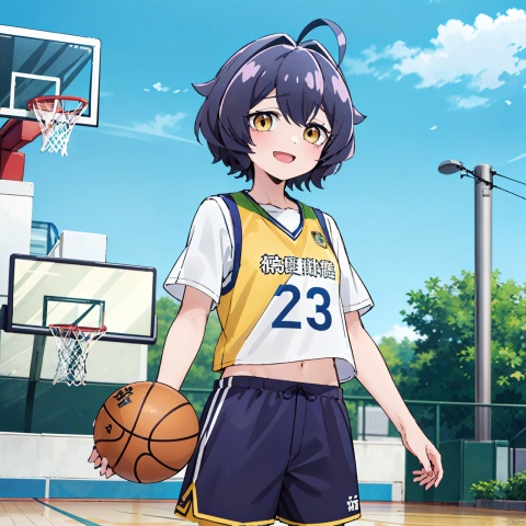  masterpiece, best quality,1girl,魔法枫糖, solo, looking at viewer, short hair, open mouth, bangs, holding, standing, yellow eyes, white shirt, ahoge, short sleeves, :d, blue sports shorts, yellow sports vest,Basketball court,Panic,