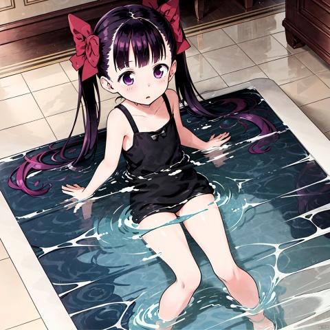  masterpiece, best quality, 1girl, loli,Cocoa,solo, long hair, black hair,bow, twintails, purple eyes, purple hair, hair bow, full body,water stain,