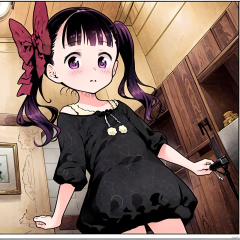  masterpiece, best quality, 1girl, loli,Cocoa,solo, long hair, black hair, dress, bow, twintails, purple eyes, purple hair, hair bow, black dress, 