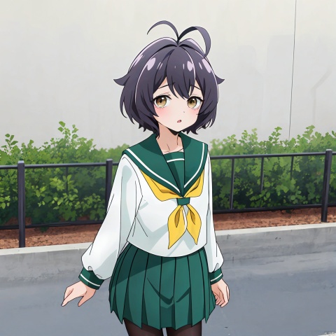  masterpiece, bestquality,1girl,魔法枫糖, solo, looking at viewer, short hair, bangs, skirt, shirt, long sleeves, brown eyes, school uniform, ahoge, pantyhose, pleated skirt, serafuku, sailor collar, neckerchief, black pantyhose, antenna hair, green skirt, yellow neckerchief, green sailor collar, Afraid,