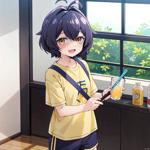  masterpiece, best quality,1girl,魔法枫糖, solo, looking at viewer, short hair, open mouth, bangs, holding, standing, yellow eyes, white shirt, ahoge, short sleeves, :d, blue sports shorts, yellow sports shirt,