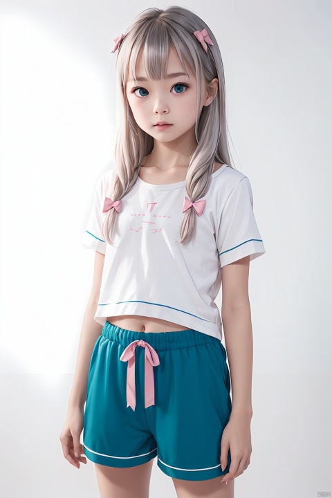 masterpiece, bestquality, Izumi Sagiri, 1girl, little girl, child, solo, looking at viewer, blue eyes, bow, ribbon, very long hair, silver hair, hair bow, pink bow, low-tied long hair, pajamas, pink shorts, white background, simple background, Above the knee, standing, Short,