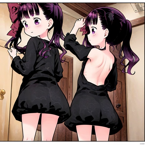  masterpiece, best quality, 1girl, loli,Cocoa,solo, long hair, black hair,bow, twintails, purple eyes, purple hair, hair bow, Turn your back,(Take off your clothes),