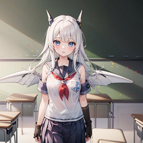  masterpiece, best quality, 1girl, Tianqi Ji, solo, long hair, breasts, bangs, blue eyes, gloves, bare shoulders, white hair, wings, fingerless gloves, headgear, mecha musume, Classroom, (School uniform:2),