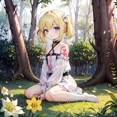 masterpiece, bestquality, Traptrix style, 1girl, loli, solo, (narcissus), light yellow hair, white clothing, Tattoos, (Barefoot:0.5), forest,