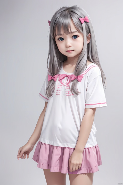  masterpiece, bestquality, Izumi Sagiri, 1girl, little girl, child, solo, looking at viewer, blue eyes, bow, ribbon, very long hair, silver hair, hair bow, pink bow, low-tied long hair, white background, simple background, Above the knee, standing, Short, 