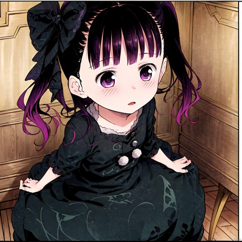  masterpiece, best quality, 1girl, loli,Cocoa,solo, long hair, black hair, dress, bow, twintails, purple eyes, purple hair, hair bow, black dress,