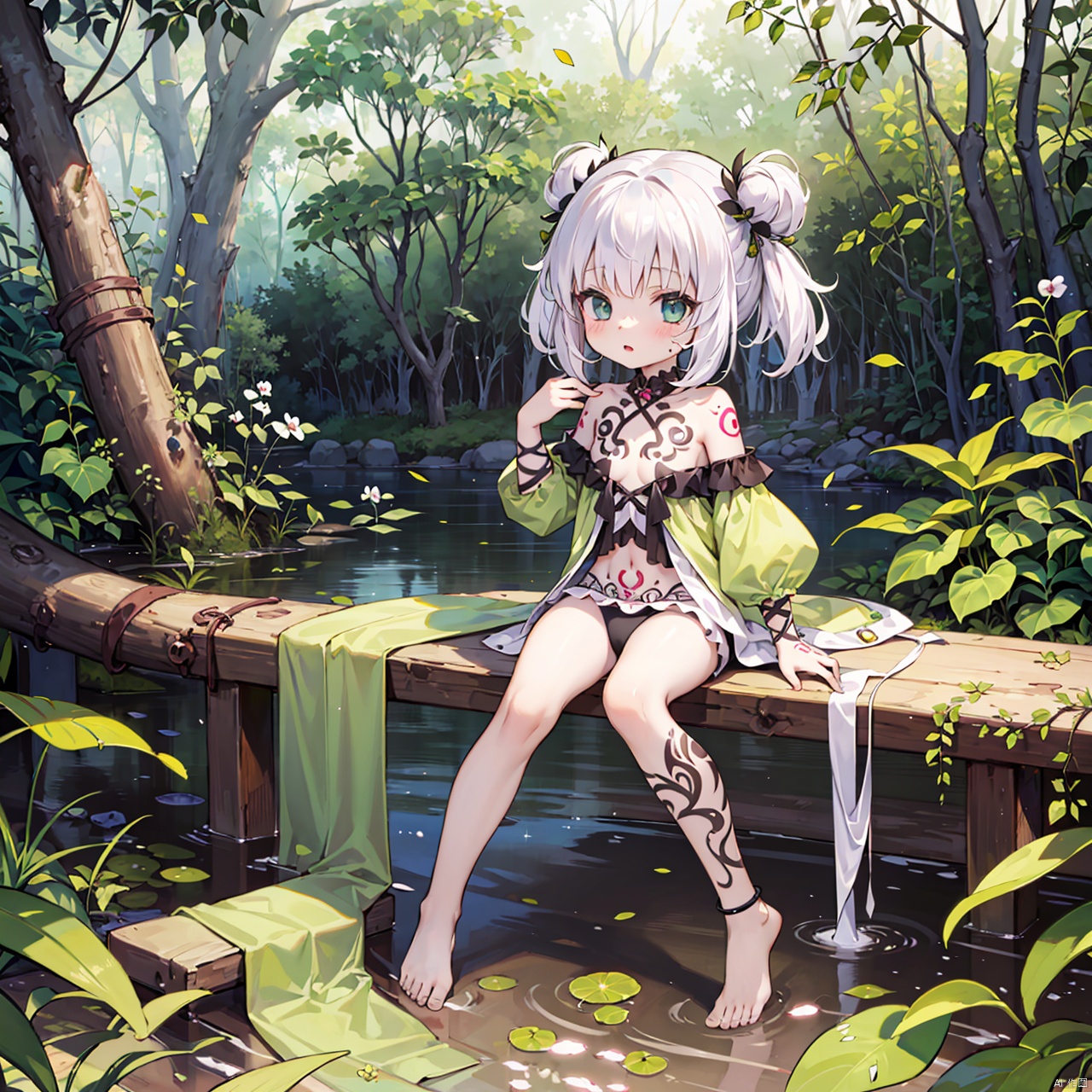  masterpiece, bestquality, Traptrix style, 1girl, loli, (orchid), chartreuse hair, Tender green clothing, Tattoos, (Barefoot:0.5), forest,